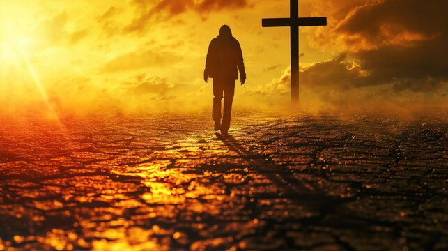 A person standing in front of a cross during a beautiful sunset. This image can be used to represent spirituality, faith, or reflection. Ideal for religious or inspirational themes