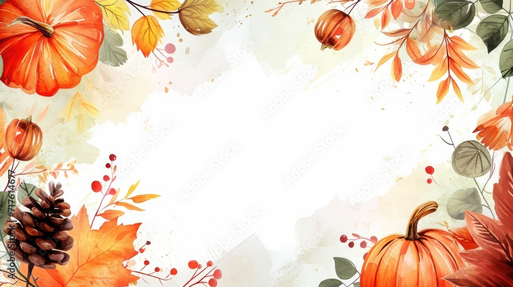 Poster a beautiful watercolor painting depicting autumn leaves and pumpkins. perfect for adding a touch of 