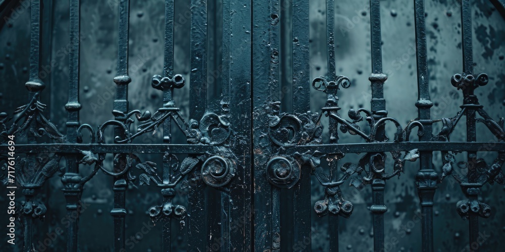 Poster a detailed close-up view of a metal gate featuring a clock. this image can be used to represent the 