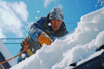Fototapeta na wymiar A man is seen removing snow from the roof of a house. This image can be used to depict winter maintenance or home improvement tasks