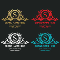 Luxury Logo Template with Luxurious Golden monogram crest and baroque style design for wedding invitation, Hotel, Boutique brand identity. Vector Illustration. s letter logo concept