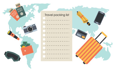 Packing list or travel planner on world map background. Preparing for a vacation or trip.