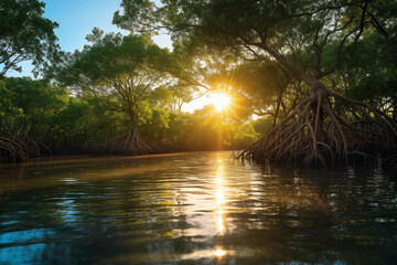 Fototapeta premium Green mangrove forest with morning sunlight. Mangrove ecosystem. Natural carbon sinks. Mangroves capture CO2 from the atmosphere. Blue carbon ecosystems. Mangroves absorb carbon dioxide emissions