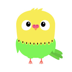 Parrot bird icon. Big eyes. Green yellow color. Funny kawaii animal standing. Kids sticker print. Cute cartoon baby character. Pet collection. Flat design White background