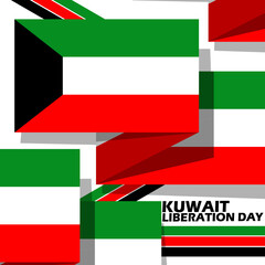 Kuwait Liberation Day event banner. Kuwait flag with ribbons and bold text on white background to commemorate on February 26
