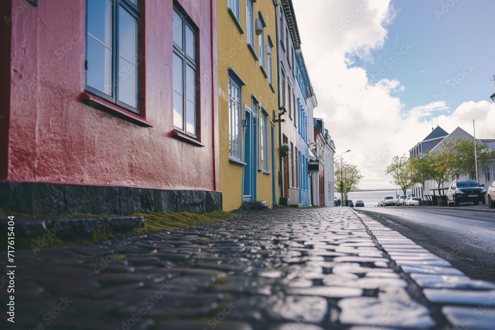 Poster A picture of a vibrant building standing on a charming cobblestone street. Perfect for travel and architecture-related projects