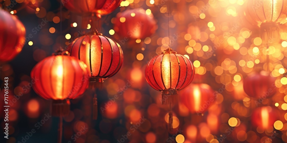Poster A vibrant collection of red lanterns hanging from a string. Perfect for adding a festive touch to any occasion