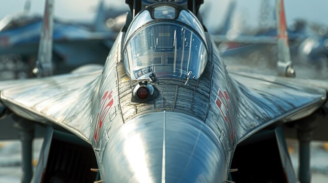 A detailed view of a fighter jet parked on a runway. This image can be used to depict military aviation, airshows, or as a background for aviation-related designs