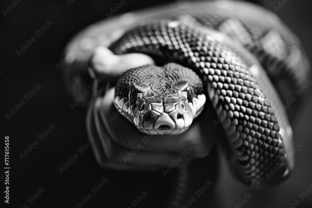 Poster a black and white photo of a snake. can be used for educational purposes or in articles about reptil