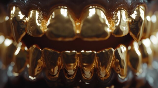 A close-up view of gold teeth. This image can be used to depict dental aesthetics or as a symbol of wealth and luxury