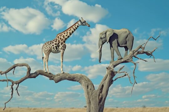 A picture of a giraffe and an elephant standing on top of a tree. Can be used to depict unusual or unexpected situations in nature