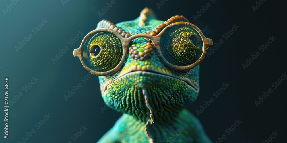Poster a detailed view of a lizard wearing glasses. this image can be used to depict a unique and quirky ch