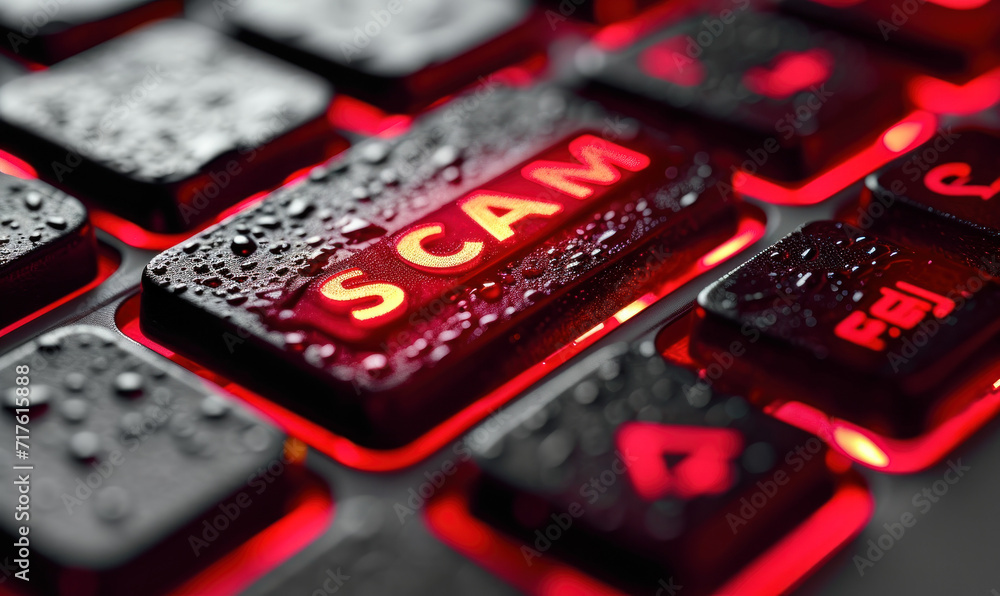 Poster close-up of a bright red 'scam' alert button on a computer keyboard, symbolizing the importance of c