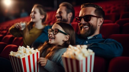 Obraz premium Happy, contented, smiling dad and daughter are watching a movie in the cinema with popcorn, sitting on red armchairs. Having fun with children, recreation and entertainment concepts.