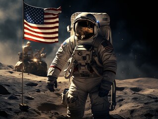 Astronaut with american flag on the background of the planet.