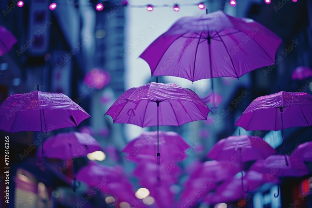 Poster a bunch of purple umbrellas hanging from a string. suitable for various creative projects