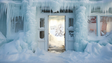 Fototapeta na wymiar Entrance door covered in ice and snow drift