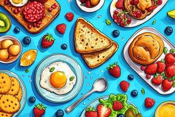 A collection of different breakfast foods arranged on a blue background. Perfect for illustrating a balanced breakfast or showcasing a variety of morning meal options - obrazy, fototapety, plakaty