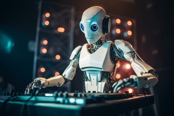 A humanoid robot in a DJ set, using a microphone and turntables to play music on stage with audio equipment. Generative AI