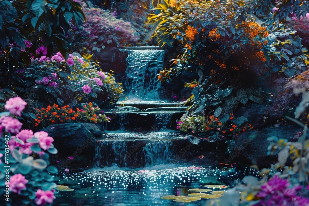 Poster a beautiful painting of a waterfall surrounded by vibrant flowers. perfect for adding a touch of nat