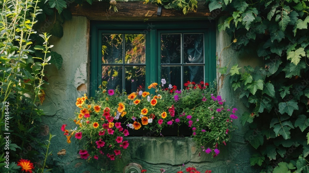 Poster A window with a bunch of flowers. Perfect for adding a touch of nature to any space