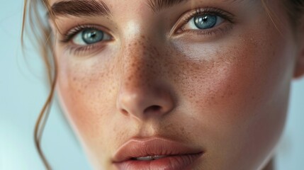 A close up of a woman with freckles on her face. Perfect for beauty and skincare related projects