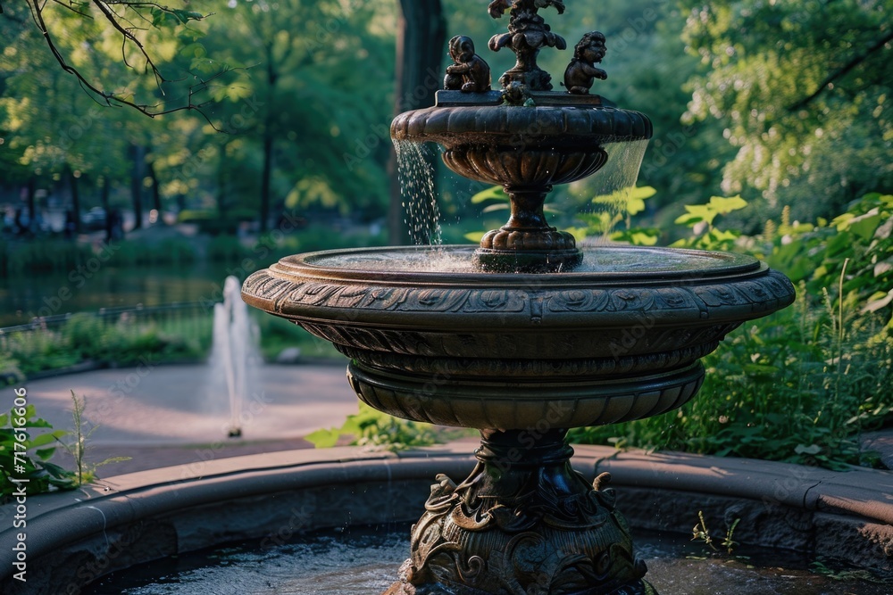 Poster a picture of a fountain in the middle of a park. this image can be used to depict a serene and peace