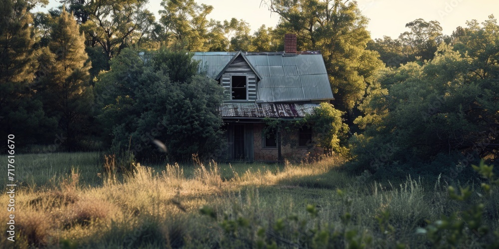 Poster an old house located in the middle of a vast field. perfect for rustic and countryside-themed projec