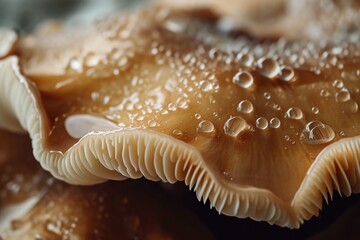 A detailed close-up view of a mushroom with small water droplets on its surface.