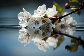 An image of a blossom reflecting on the water surface. Generative AI