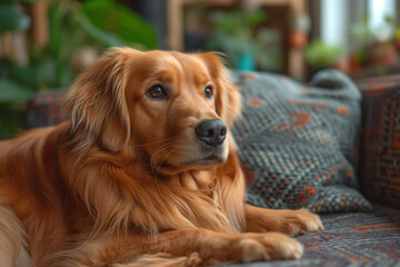 Golden retriever dog relaxing on a couch