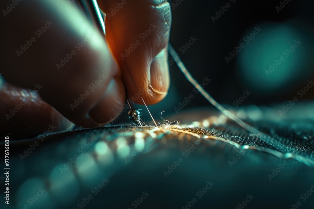Poster a close up image of a person stitching a piece of fabric. this image can be used to showcase sewing 