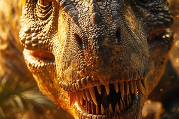A close up view of a dinosaur with its mouth open. This image can be used to depict prehistoric...
