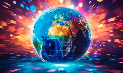 Vibrant digital illustration of a stylized globe with continents shining brightly, symbolizing global connectivity and diversity in a digital era