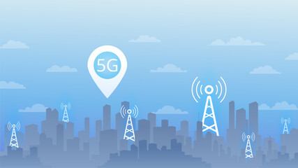 The Signal tower of 5G signal on abstract background cityscape. Networks to distribute fast signals on area. Wireless network communication on map of city. Vector illustration