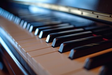 A close up view of a piano keyboard with a blurry background. Perfect for musicians, music...