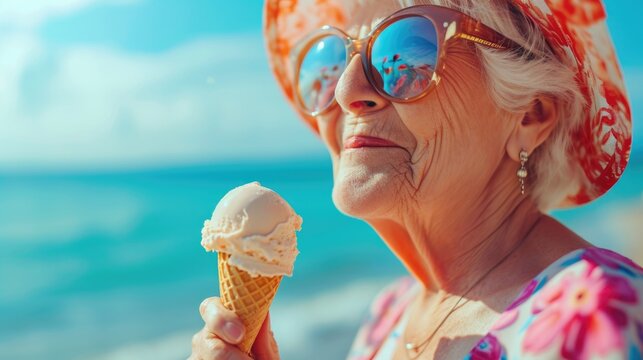 A woman is pictured wearing sunglasses and a hat while holding an ice cream cone. This image can be used to depict a sunny day or enjoying a summer treat