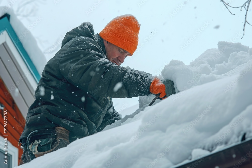 Poster a man is removing snow from the roof of a house. this image can be used to depict winter maintenance