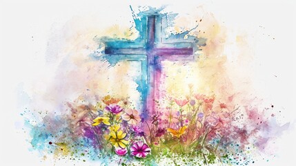 A beautiful watercolor painting of a cross surrounded by vibrant flowers. Perfect for religious and spiritual themes, as well as Easter and spring celebrations