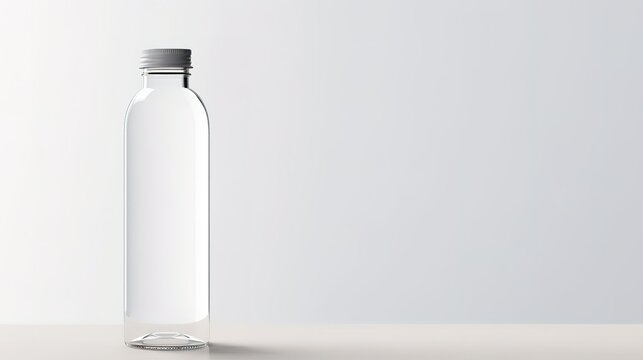 A clear empty glass bottle in the photo in front of a gray background