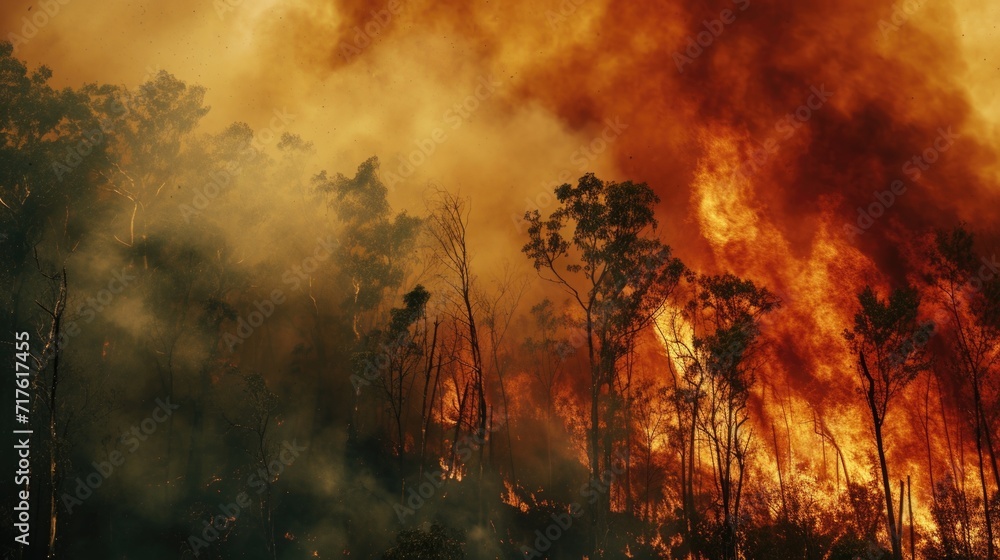 Poster a large fire burning through the trees. this image can be used to depict the destructive power of wi