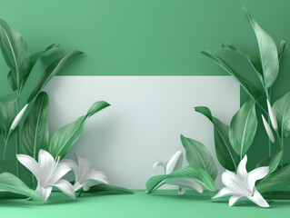 Elegant green leaves and white lilies framing a central white space.