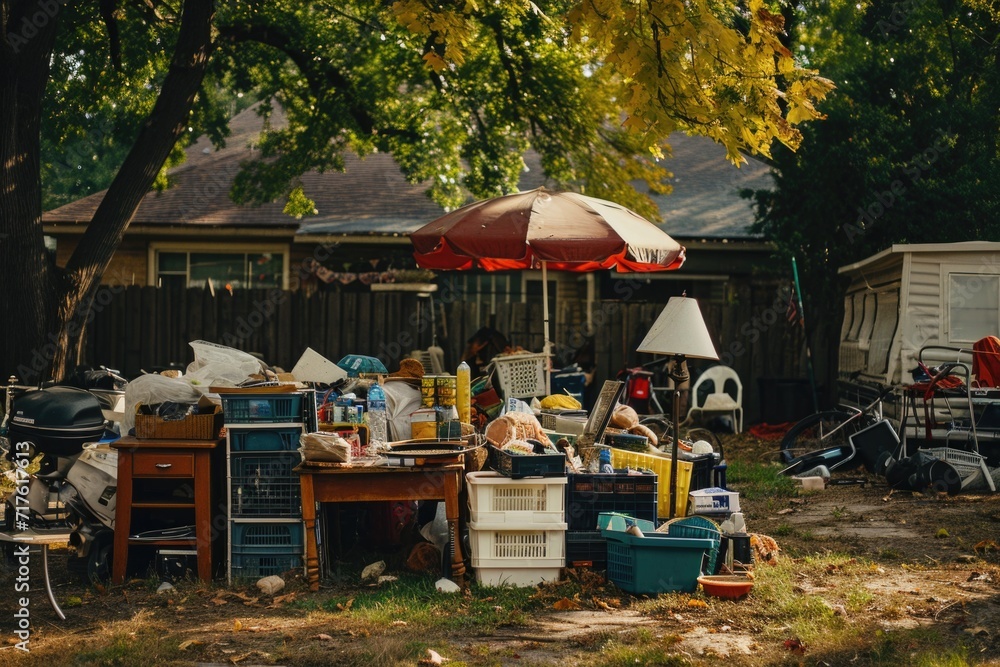 Poster A pile of junk sitting in a yard next to a tree. Suitable for depicting clutter or abandoned objects