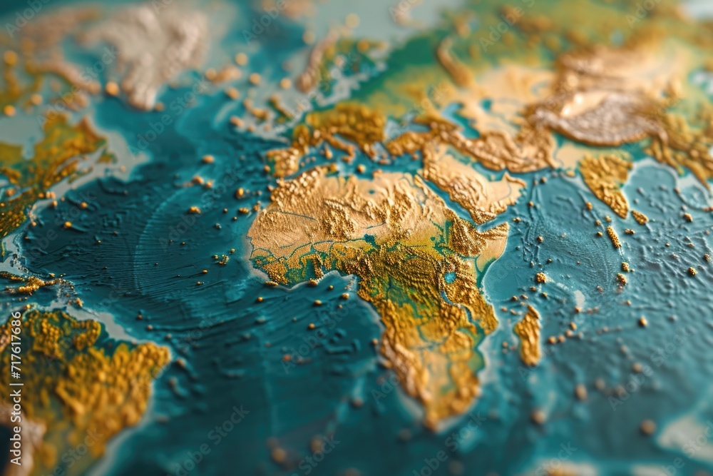 Poster a detailed close up view of a map of the world. perfect for educational materials or travel-related 