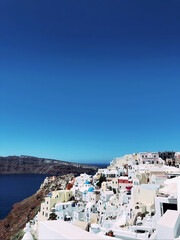 Amazing panorama view of beautiful Oia town on Santorini volcanic island, Greece