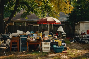 A pile of junk sitting in a yard next to a tree. Suitable for depicting clutter or abandoned objects