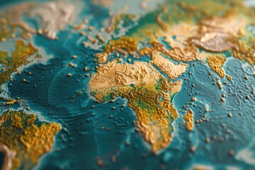 A detailed close up view of a map of the world. Perfect for educational materials or travel-related designs - obrazy, fototapety, plakaty