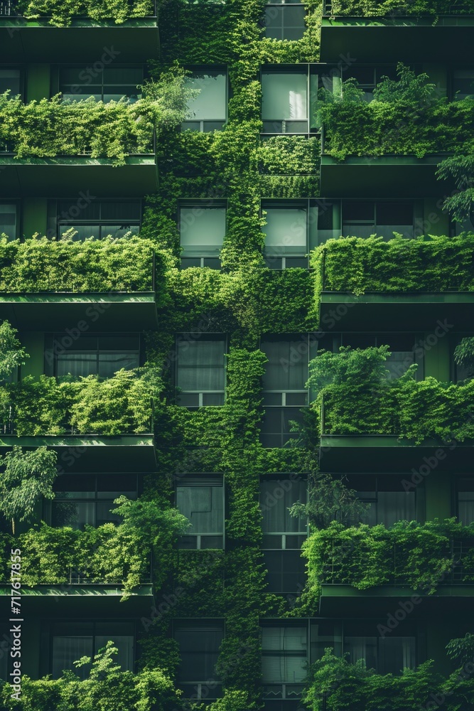 Poster a tall building adorned with lush green plants, creating a stunning natural facade. perfect for addi