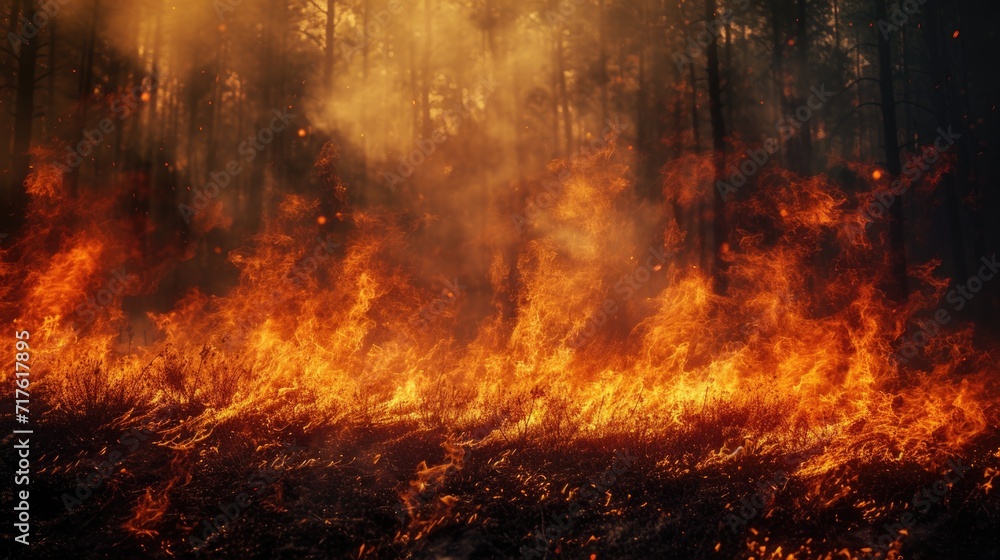 Poster a fire burning in the middle of a forest. this image can be used to depict the destructive power of 