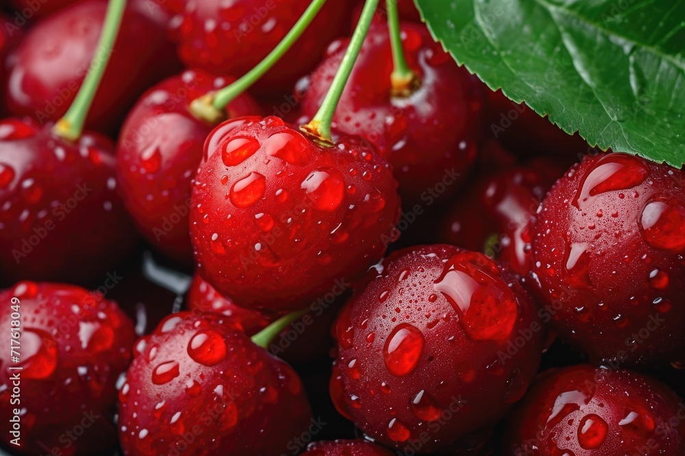 Poster a close-up shot of a bunch of cherries covered in water droplets. this image captures the freshness 